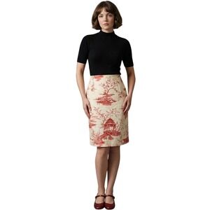 VINTAGE TALBOTS Silk Cotton Toile de Jouy Pagoda Pencil Skirt Red Cream 10P $185
